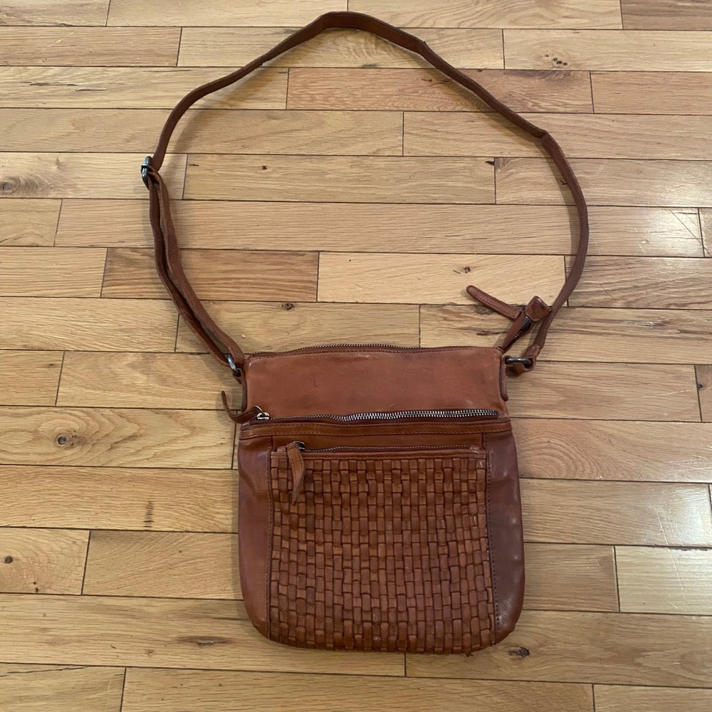 Vilenca Holland Brown Woven Leather‎ Crossbody Bag Messenger Purse Cognac
